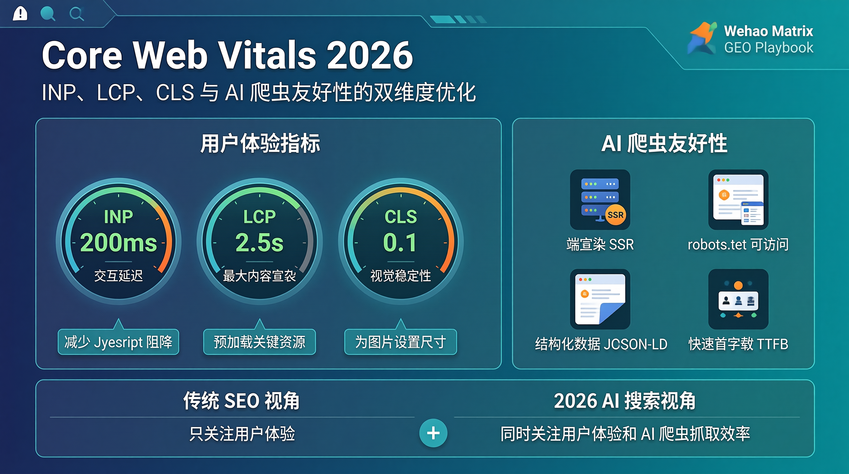 Core Web Vitals 2026：INP、LCP、CLS 与 AI 爬虫友好性的双维度优化
